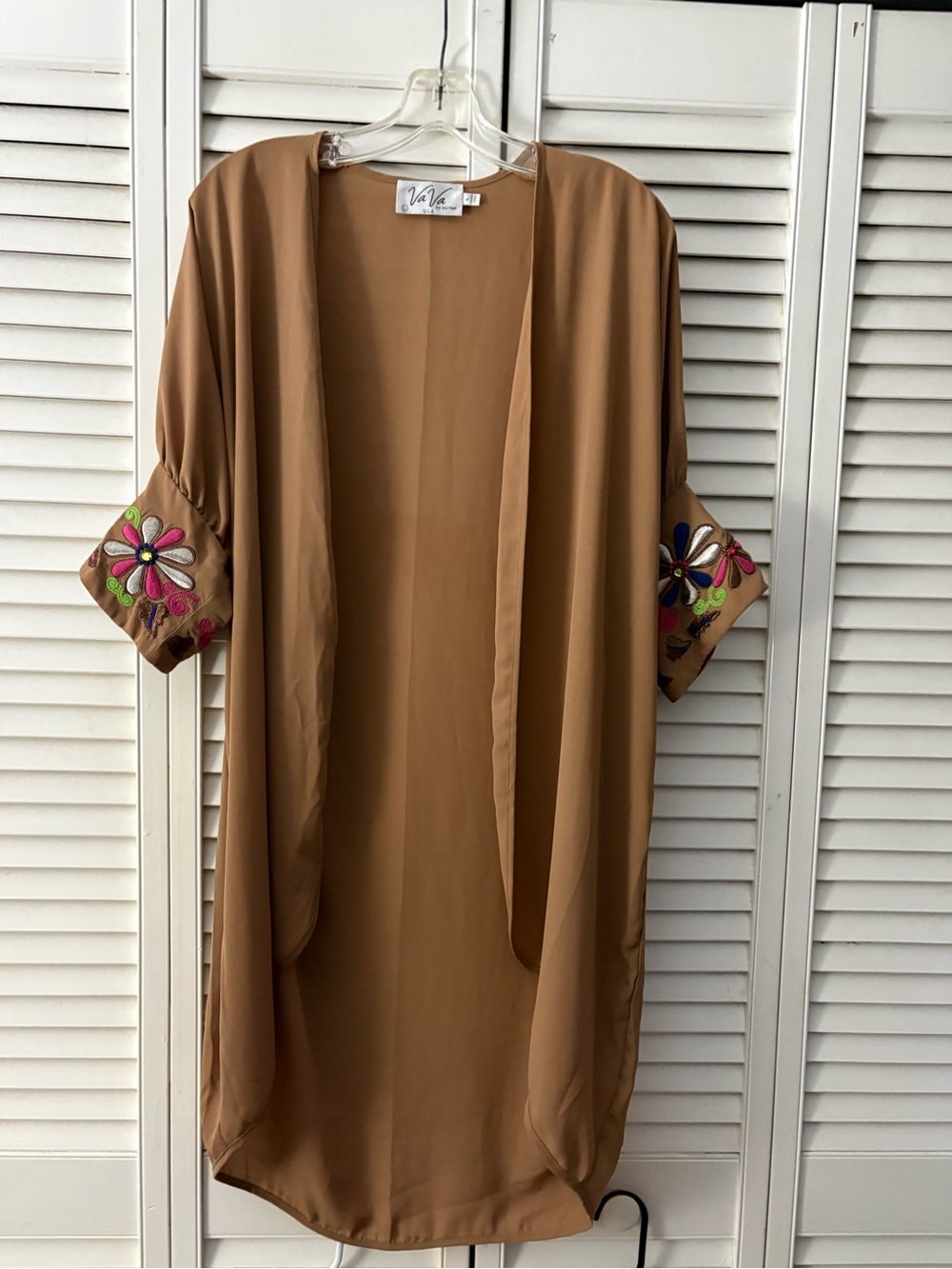 Vava by Joy Han Camel Brown Embroidered Sleeve Open Cardigan